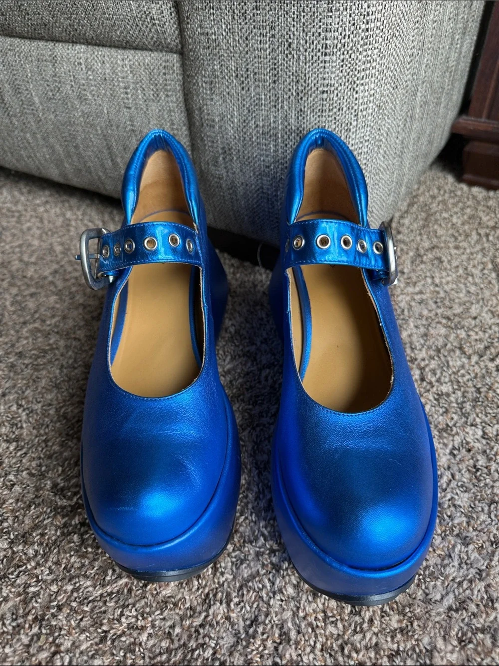 John Fluevog Superfly Kool in Metallic Blue Platform Maryjane Shoes